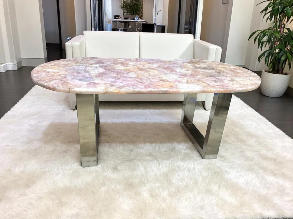 Pink Rose Quartz Stone Top Bar Table : Free Shipping 